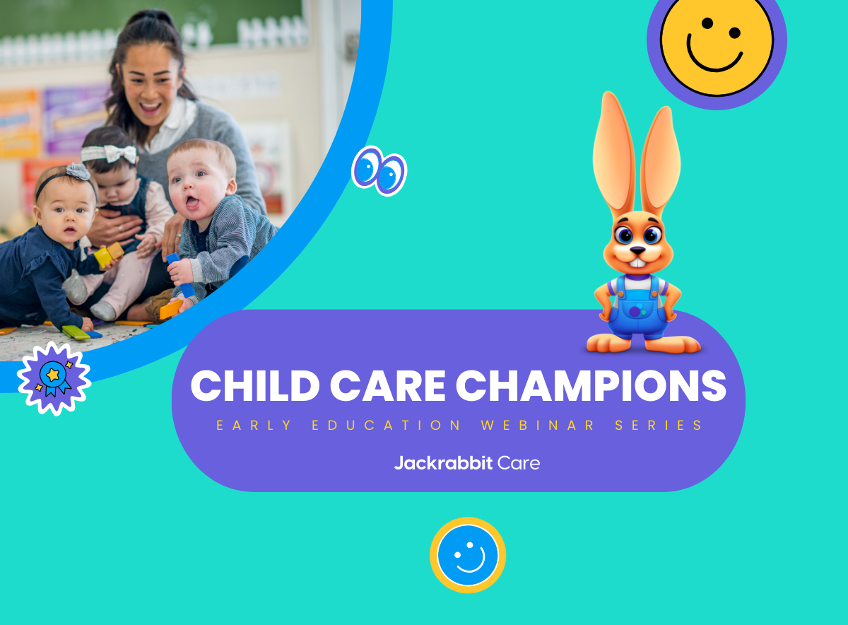 child care champion webinar series thumbnail, woman teacher with children, smiley faces icons